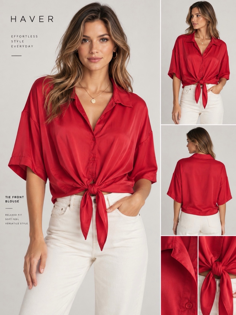 Have Red Satin Tie-Front Button Down Shirt